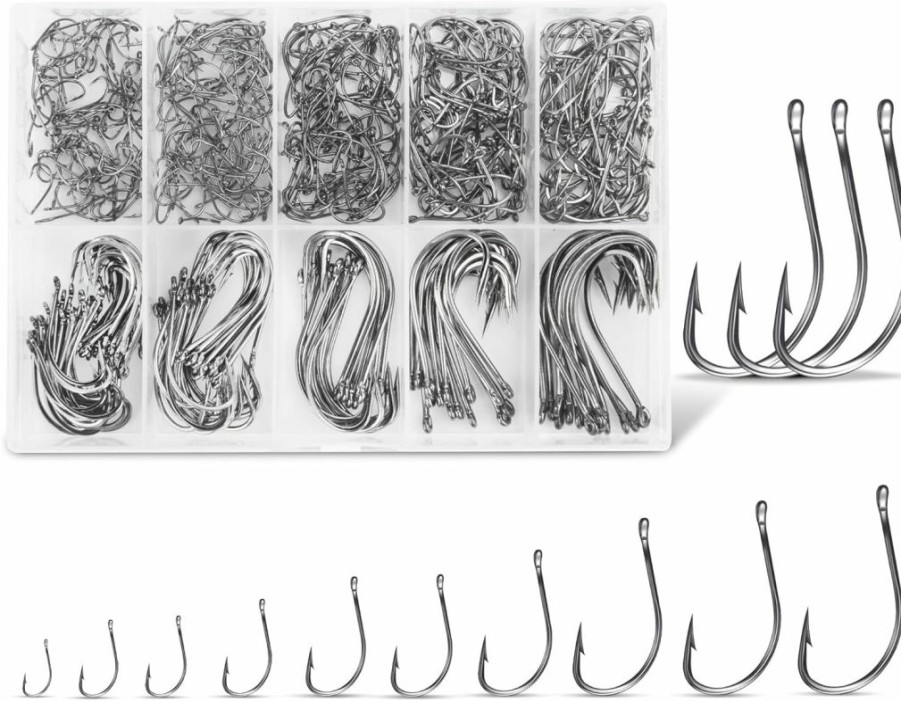 vnnwueu | Carbon Steel Fishing Hooks 500 Pcs, Circle Hooks Assortment For Saltwater Freshwater Ice Fishing, Salt Water Fish Hooks For Catfish Trout Bass Octopus Multi Size 6 8 10 12 14 16 18 20 22 24