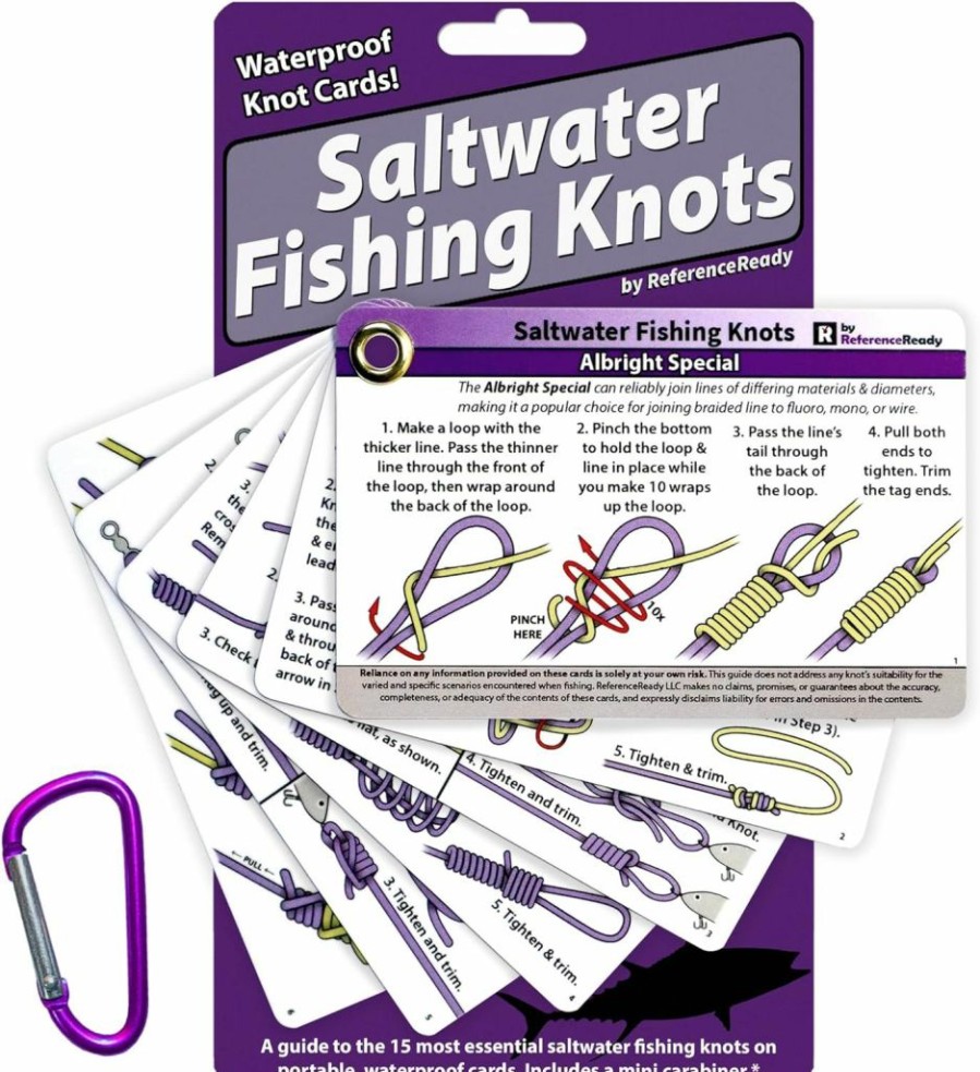 ReferenceReady | Referenceready Saltwater Fishing Knot Cards - Waterproof Pocket Guide To 15 Big Game Fishing Knots | Includes Portable Book Of Inshore And Deep Sea Fishing Knots And A Mini Carabiner