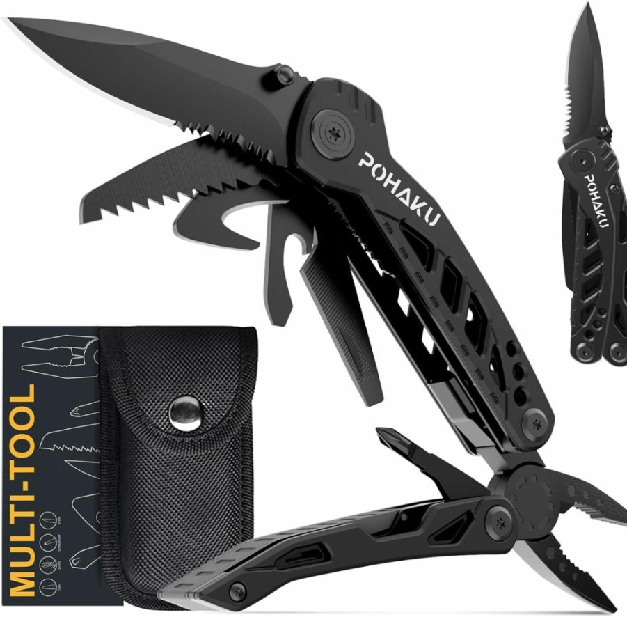 Pohaku | Multitool Knife, Pohaku 13 In 1 Pocket Multitool, Multi Tool With 3" Large Blade, Safety Locking Design, Spring-Action Plier, Durable Nylon Sheath For Outdoor, Camping, Fishing, Survival,Hiking