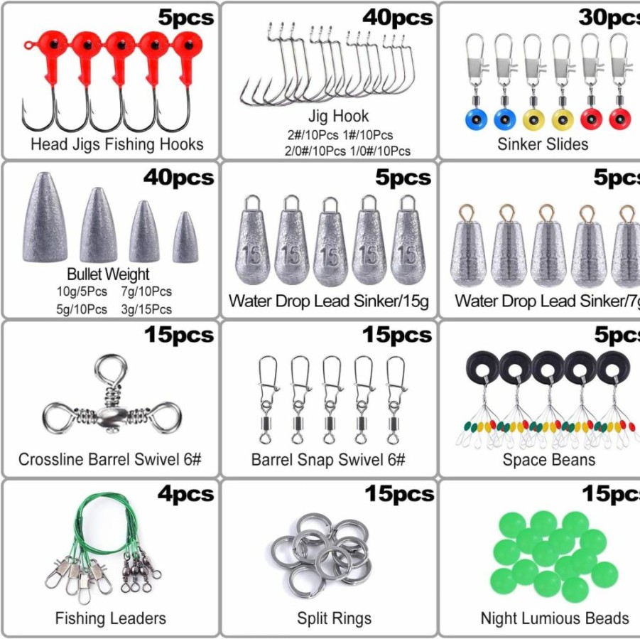 TOPFORT | Topfort 187/343Pcs Fishing Accessories Kit, Including Jig Hooks, Bullet Bass Casting Sinker Weights, Fishing Swivels Snaps, Sinker Slides, Fishing Set With Tackle Box