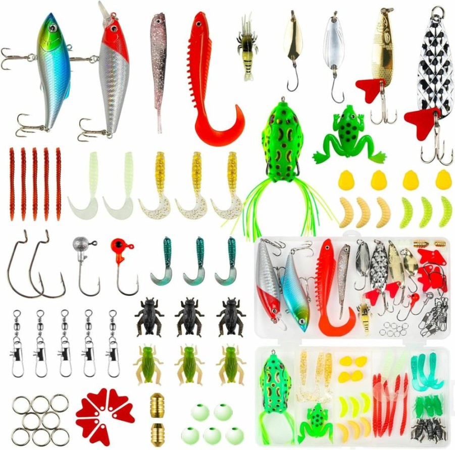 GOANDO | Goando Fishing Lures Kit For Freshwater Bait Tackle Kit For Bass Trout Salmon Fishing Accessories Tackle Box Including Spoon Lures Soft Plastic Worms Crankbait Jigs Fishing Hooks