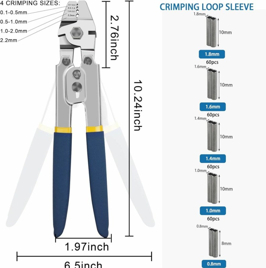 AGOOL | Fishing Crimping Pliers + 300Pcs Crimp Sleeves Kit Fishing Crimping Tool Kit Heavy Duty Wire Leader Rope Crimper Plier 5 Sizes Aluminum Copper Double Crimp Sleeves, 4 Size Crimping
