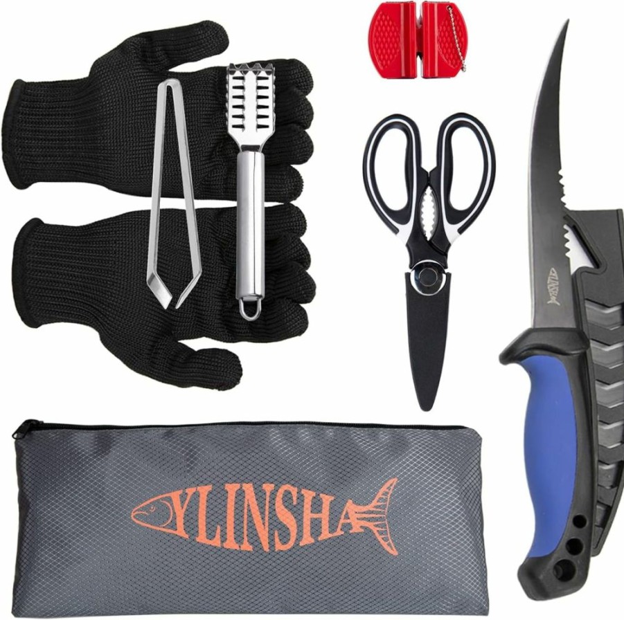 ylinsha | Ylinsha Fishing Knife,Fish Cleaning Kit 7 Pc Set Fish Knife, Fish Scale Cleaning Brush, Multi-Functional Scissors, Anti-Cutting Gloves, Fishbone Tweezers, Storage Bag