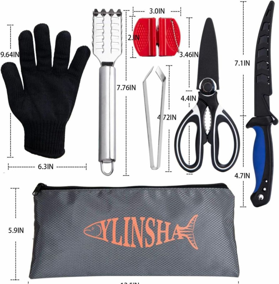 ylinsha | Ylinsha Fishing Knife,Fish Cleaning Kit 7 Pc Set Fish Knife, Fish Scale Cleaning Brush, Multi-Functional Scissors, Anti-Cutting Gloves, Fishbone Tweezers, Storage Bag