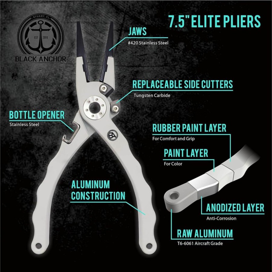 Black Anchor | Black Anchor Elite Aluminum Fishing Pliers 7.5\" Saltwater Resistant Anodization, Mono, Fluoro & Braid Line Cutters, Nylon Sheath With Stainless Steel Belt Clip