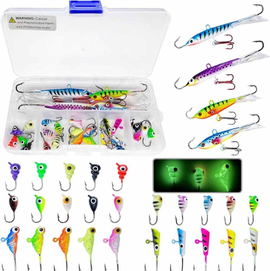 Skipaelf | Skipaelf 29Pcs Ice Fishing Jigs,Glowing Ice Fishing Lures Kit Crappie Jigs Ice Fishing Jigs Heads Winter Fishing Hard Lures Ice Fishing Gear