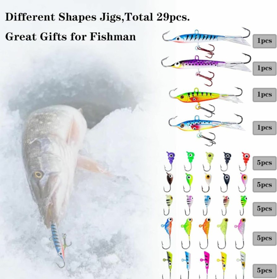 Skipaelf | Skipaelf 29Pcs Ice Fishing Jigs,Glowing Ice Fishing Lures Kit Crappie Jigs Ice Fishing Jigs Heads Winter Fishing Hard Lures Ice Fishing Gear