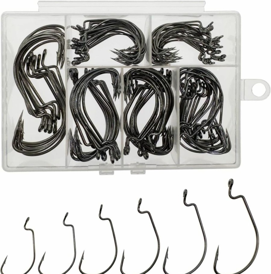 Afmivs | Afmivs Worm Hooks For Bass Fishing Hooks, 110Pcs/Box Bass Hooks Fishing, Offset Worm Hooks, Worm Hook 6Sizes #1 1/0 2/0 3/0 4/0 5/0 High Carbon Steel With Portable Plastic Box For Freshwater Saltwater