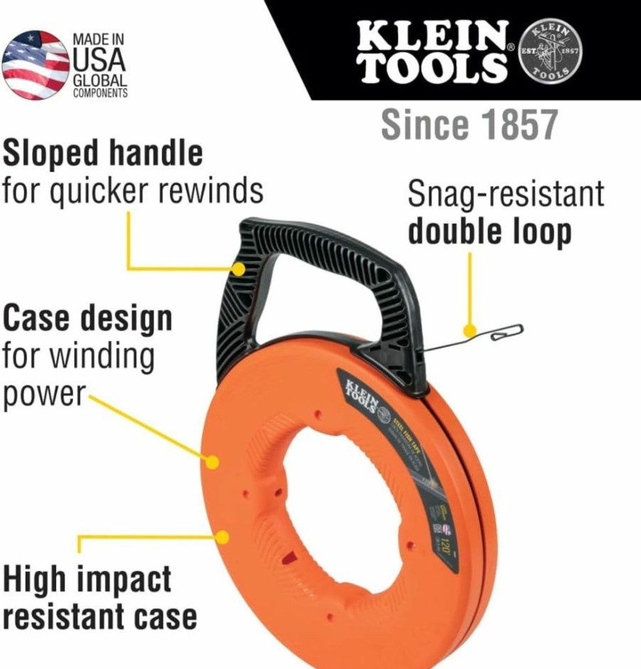 Klein Tools | Klein Tools 56333 Electrical Fish Tape, Steel Wire Puller With Double Loop Tip, Optimized Housing And Handle, 1/8-Inch X 120-Foot