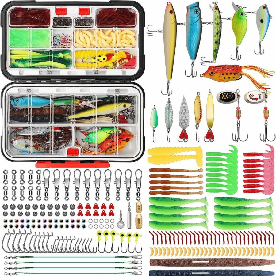 TRUSCEND | Truscend Fishing Lures Accessories Kit With Tackle Box - Fishing Hooks Crankbait Minnow Frog Popper Lure Grub Worm Fishing Spoon Spinner Bait - Jig Head Fishing Sinker Swivel Weights