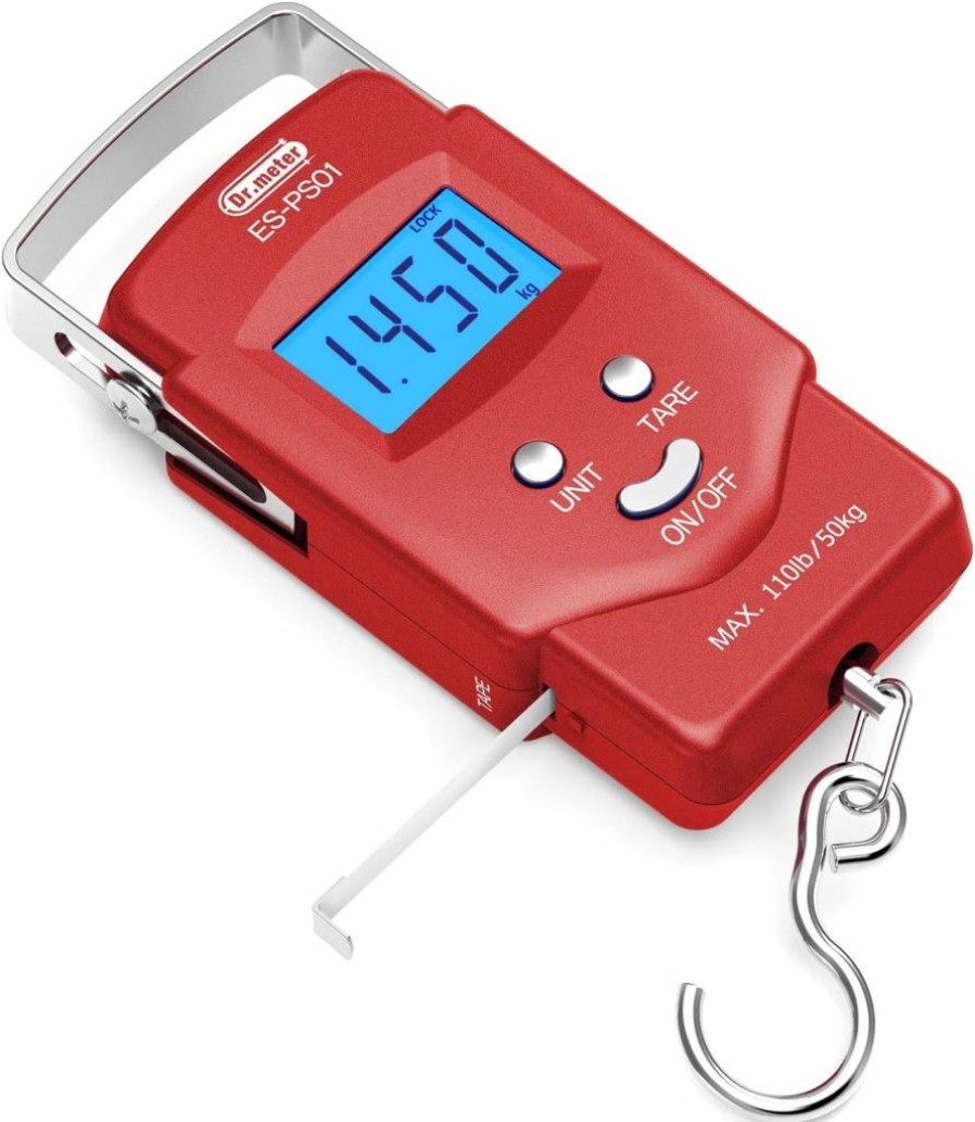 Dr.meter | Dr.Meter Fish Scale - Ps01 110Lb/50Kg Backlit Lcd Display Digital Scale With Built-In Measuring Tape - Fishing Scale With 2 Aaa Batteries, Pocket Size - Fishing Gifts For Men