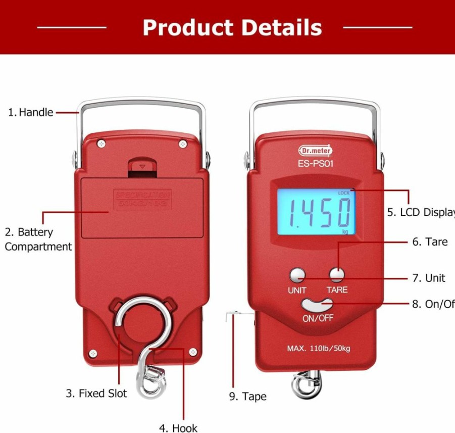 Dr.meter | Dr.Meter Fish Scale - Ps01 110Lb/50Kg Backlit Lcd Display Digital Scale With Built-In Measuring Tape - Fishing Scale With 2 Aaa Batteries, Pocket Size - Fishing Gifts For Men