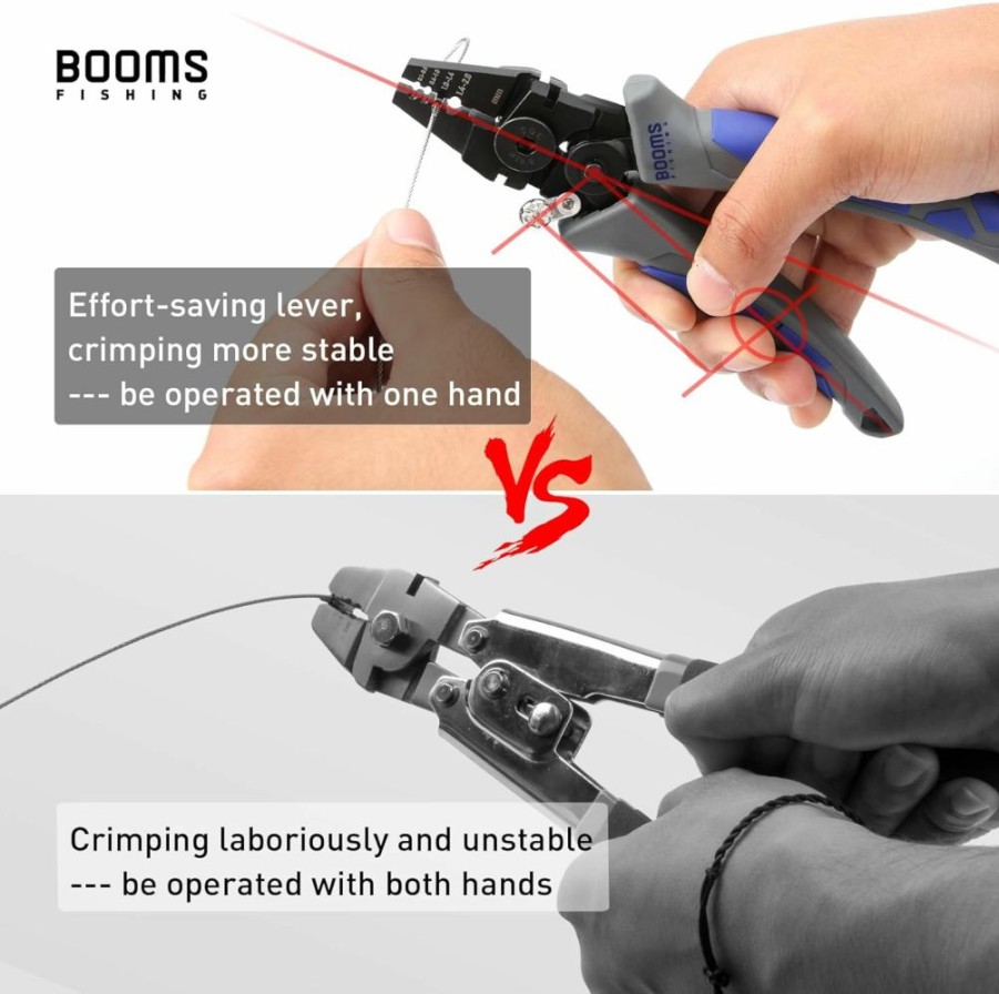 Booms Fishing | Booms Fishing Cp4 Wire Crimping Tool With Cutter, Effort-Saving Fishing Crimping Pliers, High Carbon Steel Fishing Plier Wire Rope Leader Crimper Tool, 7 Inch Crimpers Swager With 140Pcs Sleeves