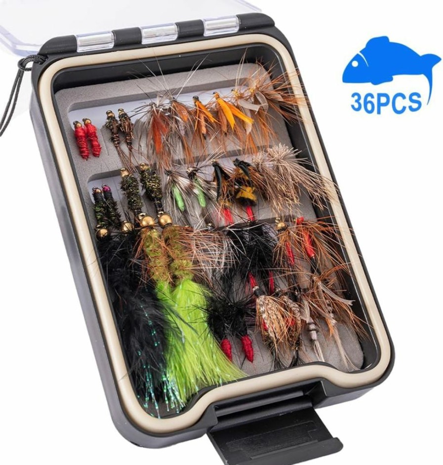 Ansnbo | Ansnbo 36Pcs Fly Fishing Flies Kit, Hand Tied Trout Bass Fly Assortment With Fly Box, Dry Wet Nymph Flies Streamers Fly Fishing Gear Gift