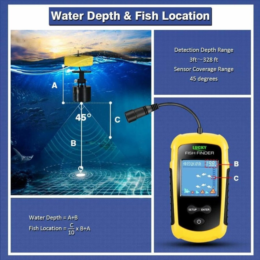 LUCKY | Lucky Kayak Portable Fish Depth Finder Water Handheld Fish Finder Sonar Castable Kayak Boat Fishfinder Transducer Fishing Lcd Display Ffc1108