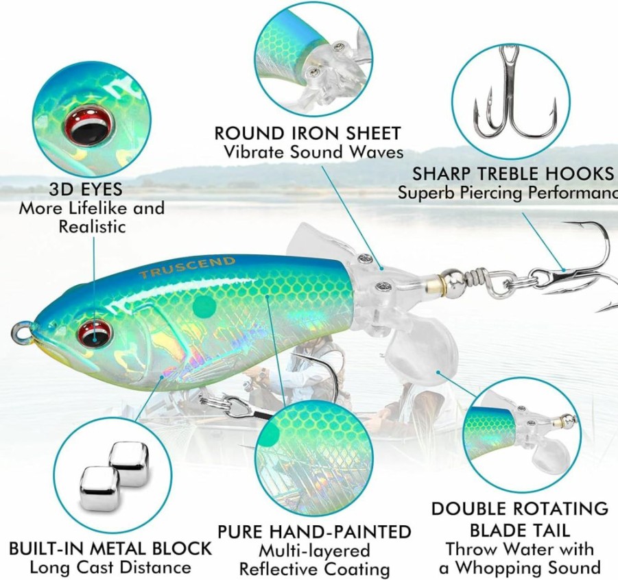 TRUSCEND | Truscend Top Water Fishing Lures With Bkk Hooks, Whopper Fishing Lures For Freshwater Or Saltwater, Floating Lure For Bass Catfish Pike, Fishing Wobble Surface Bass Bait Teasers Fishing Gifts For Men