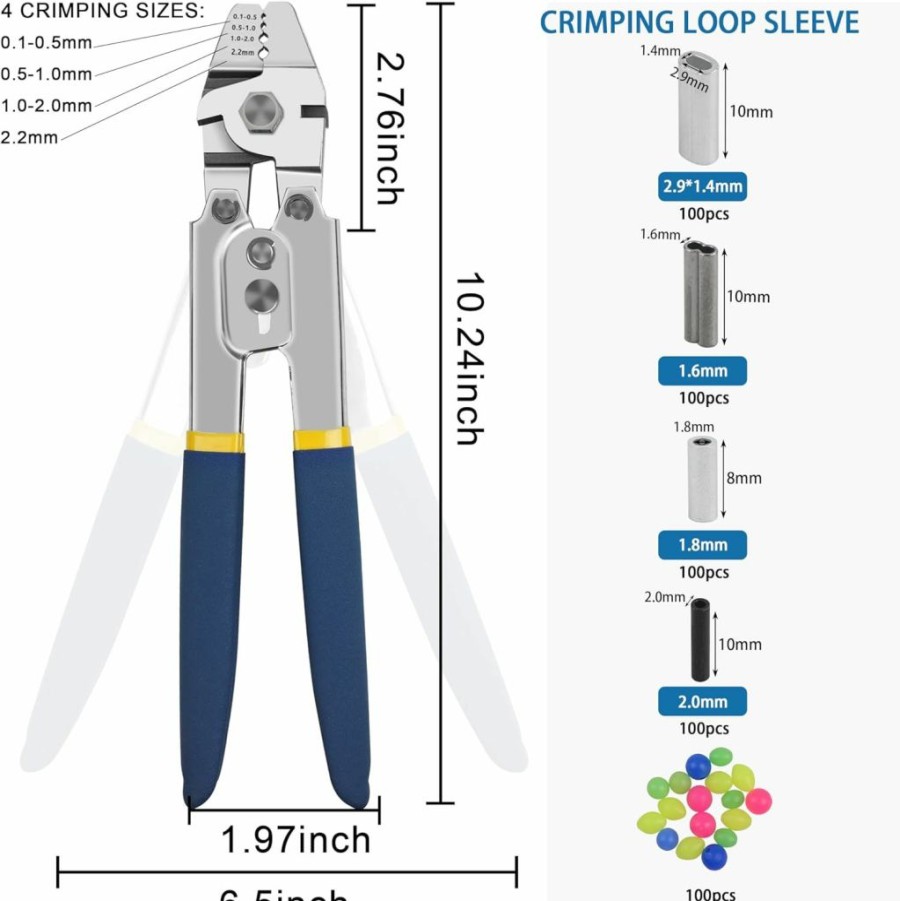 AGOOL | Fishing Crimping Pliers Heavy Duty + 500Pcs Crimp Sleeves Set Hand Crimper Plier Set Wire Rope Crimpers Fishing Tackle Pliers Built-In Wire Cutters Crimp Sleeves 4 Size Crimping