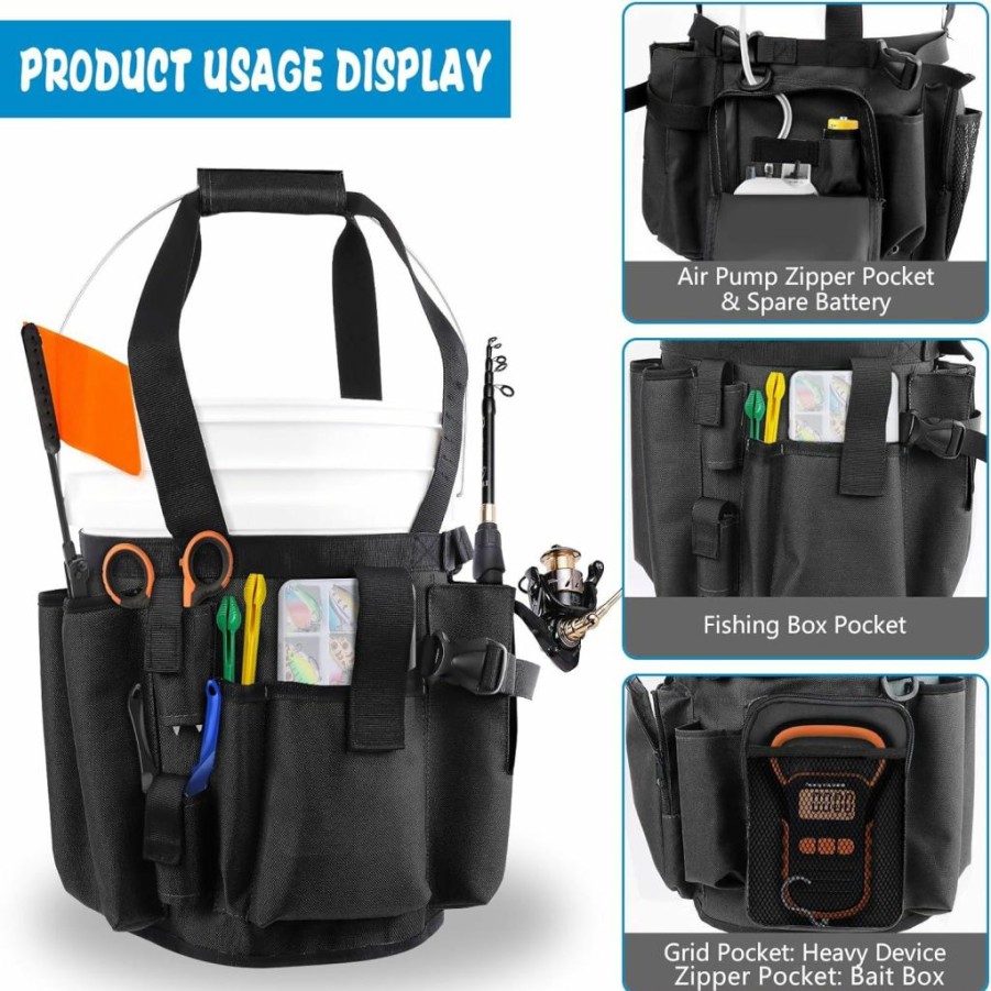 RGJ | Rgj Ice Fishing Bucket Tool Organizer, Ice Fishing Bucket Organizer For 5 Gallon Bucket Adjustable Bucket Caddy Tackle Bag With 12 Pockets And Plier Holder For Fishing Gear (Bucket Not Included)