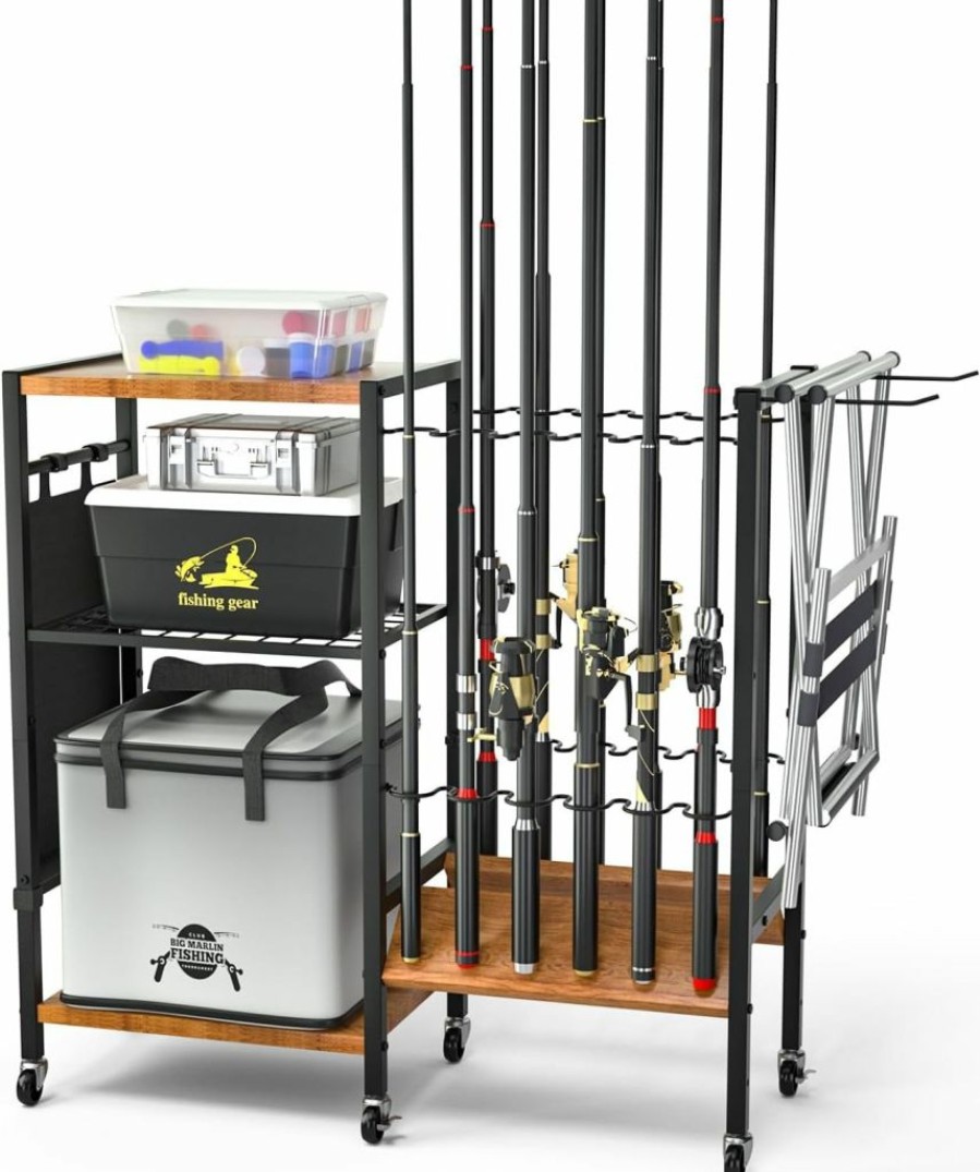 Vdamu | Vdamu Fishing Rod And Equipment Holders - Fishing Gear Fishing Equipment Organizers, Fishing Pole Holders With Casters Up To 12 Fishing Rods, For Garage Home