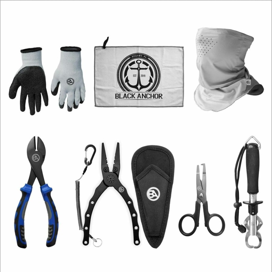 Black Anchor | Black Anchor Fishing Accessory Kit | 6.7\" Aluminum Plier, Stainless Lip Gripper, Buff Face Shield, Wire Cutter, Split Ring Braid Scissor, Rubber Dip Gloves, Microfiber Towel