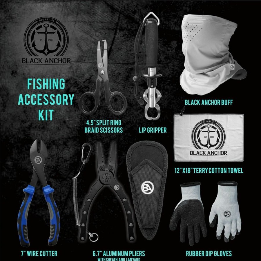 Black Anchor | Black Anchor Fishing Accessory Kit | 6.7\" Aluminum Plier, Stainless Lip Gripper, Buff Face Shield, Wire Cutter, Split Ring Braid Scissor, Rubber Dip Gloves, Microfiber Towel