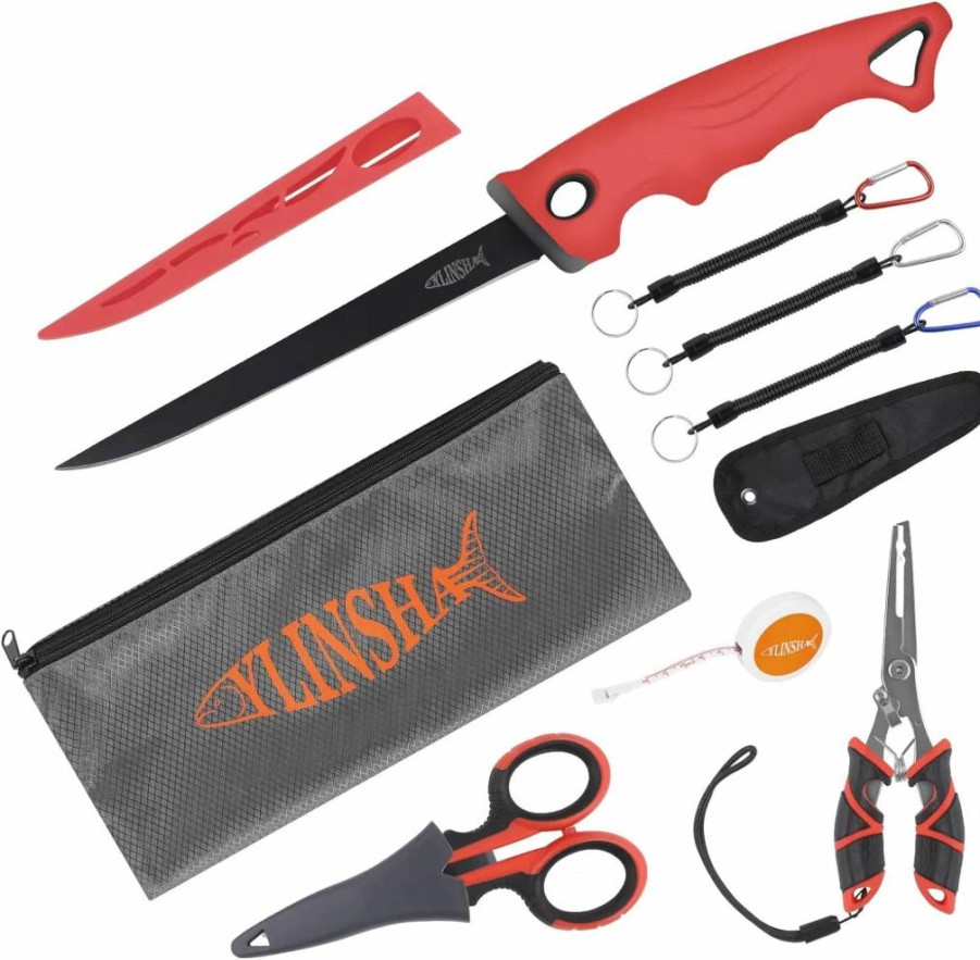 YLINSHA | Ylinsha Fishing Tool Kit Fillet Knife Fishing 8Pack Including Fishing Knife Fishing Scissors Fishing Pliers Saltwater Fish Measuring Ruler,Anti-Lost Lanyard Waterproof Storage Bagtackle Accessory Kit