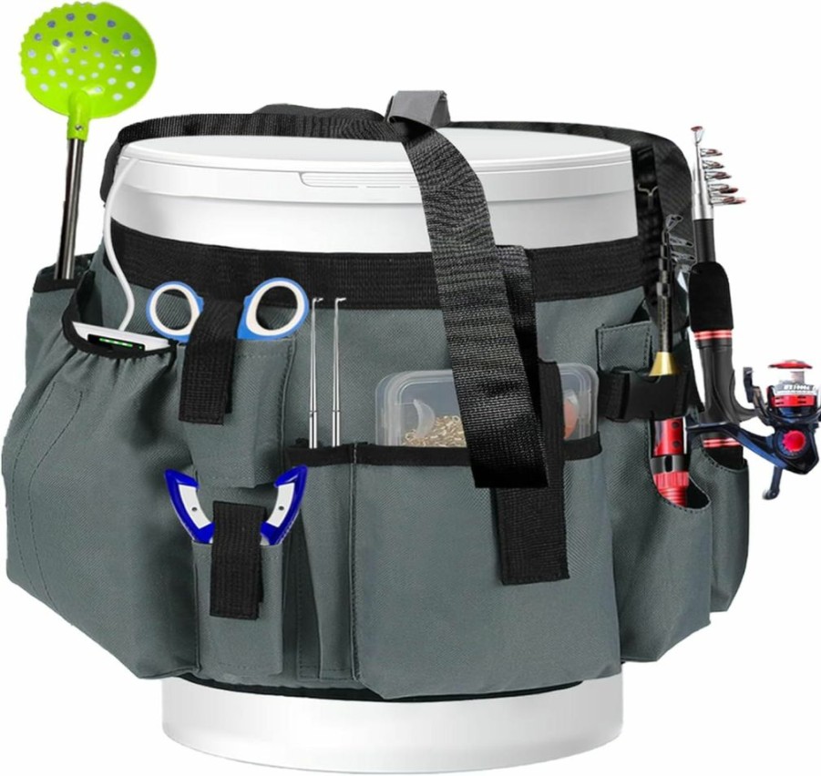 Apipi | Apipi Ice Fishing Tackle Bag Tool Organizer For 5 Gallon Bucket, With 4 Rod Holders, Multi-Pockets & Adjustable Buckle, Winter Fishing Gift For Men Fishing Gear