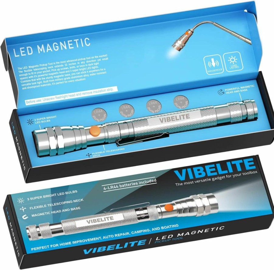 VIBELITE | Vibelite Extendable Magnetic Flashlight With Telescoping Magnet Pickup Tool-Cool Gadgets Gifts Idea & Christmas Stocking Stuffers For Men, Husband,Dad,Father,Mechanic,Tech,Handyman,Him Women, Silver