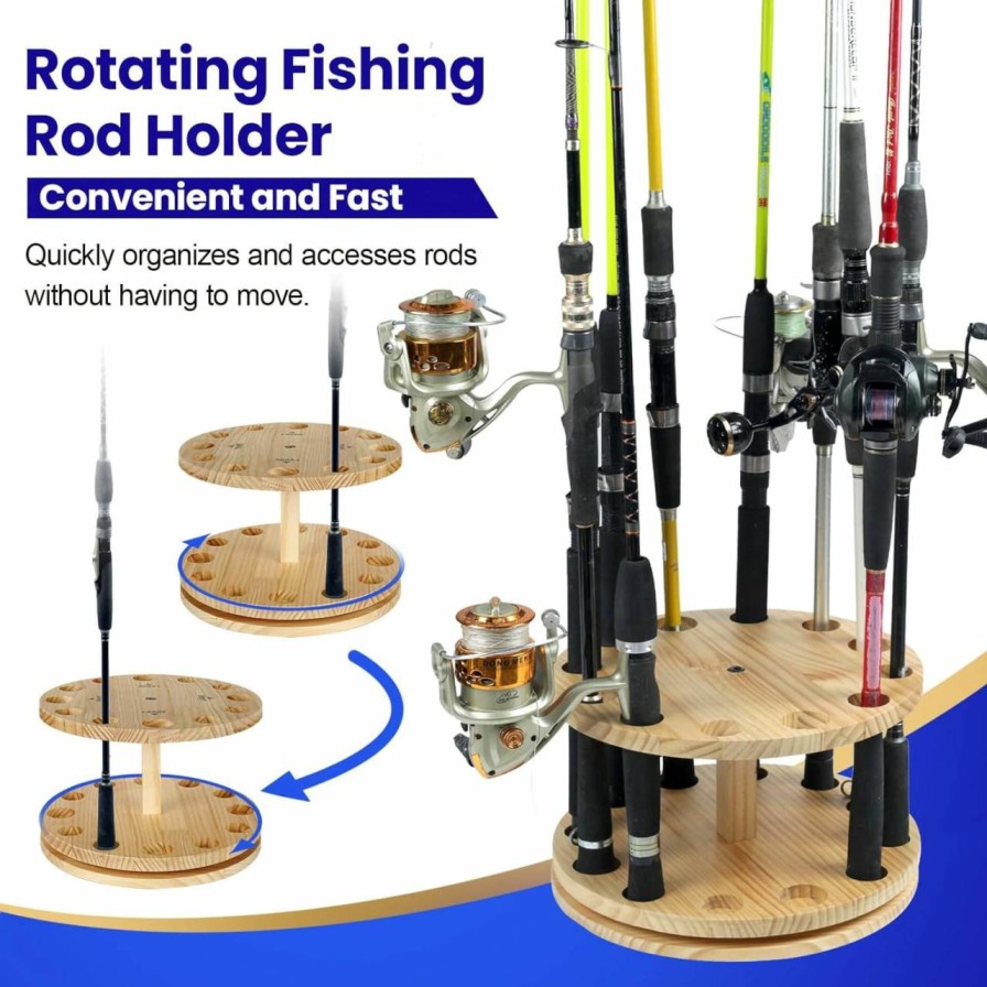 CuffUp | Cuffup Fishing Rod Holders With Rotatable Base - Fishing Pole Holders For Garage, Fishing Pole Holders Made In Natural Wood - Convenient Sturdy Fishing Rod Rack Fishing Rod Storage