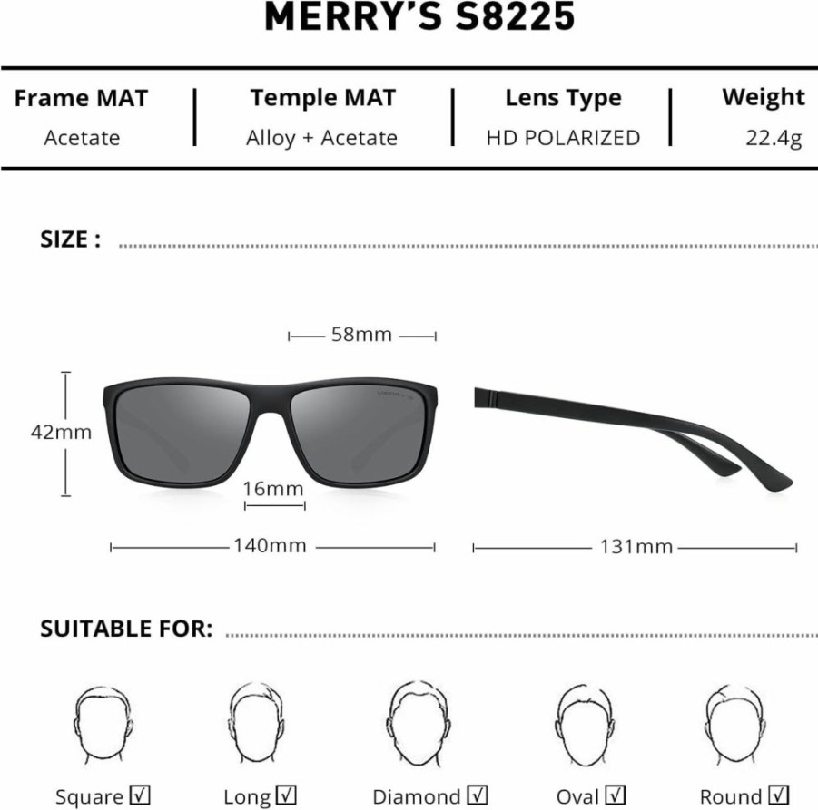 MERRY'S | Merry'S Rectangular Polarized Sports Sunglasses For Men Women Cycling Driving Fishing Uv400 Protection S8225