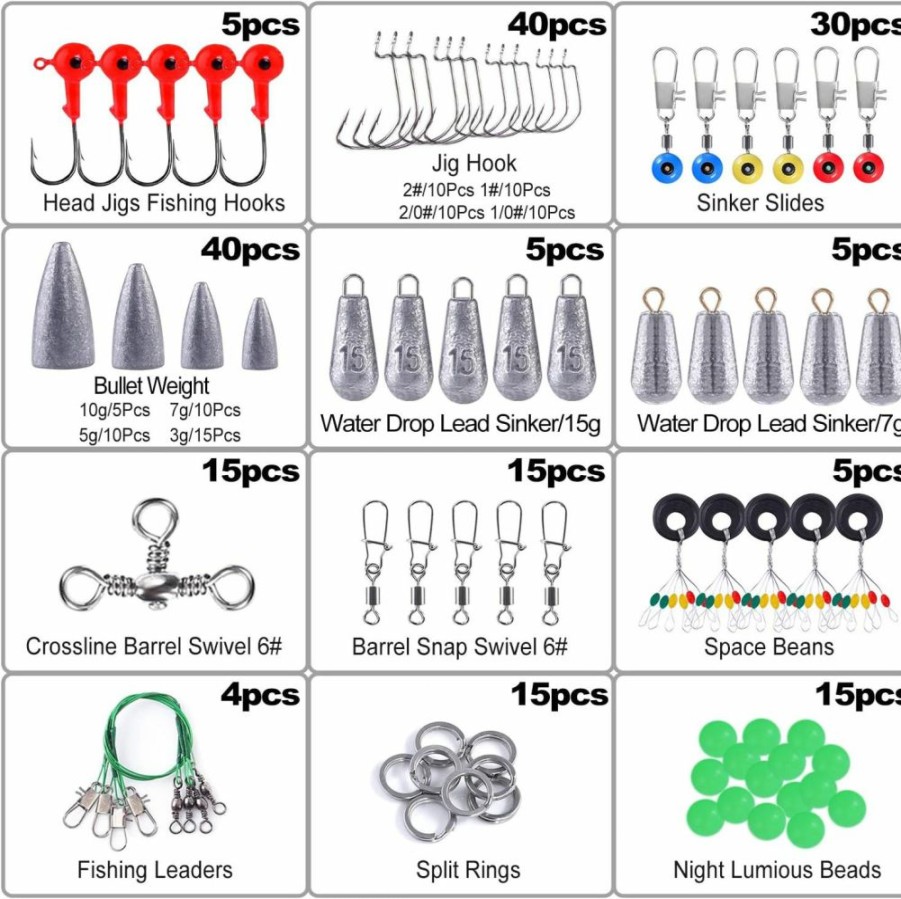 TOPFORT | Topfort 187/343Pcs Fishing Accessories Kit, Including Jig Hooks, Bullet Bass Casting Sinker Weights, Fishing Swivels Snaps, Sinker Slides, Fishing Set With Tackle Box