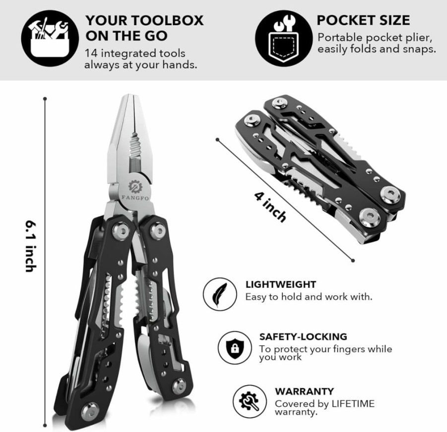 fangfo | 14-In-1 Multitool With Safety Locking, Professional Stainless Steel Multitool Pliers Pocket Knife, Bottle Opener, Screwdriver With Nylon Sheath ,Apply To Survival,Camping, Hunting And Hiking